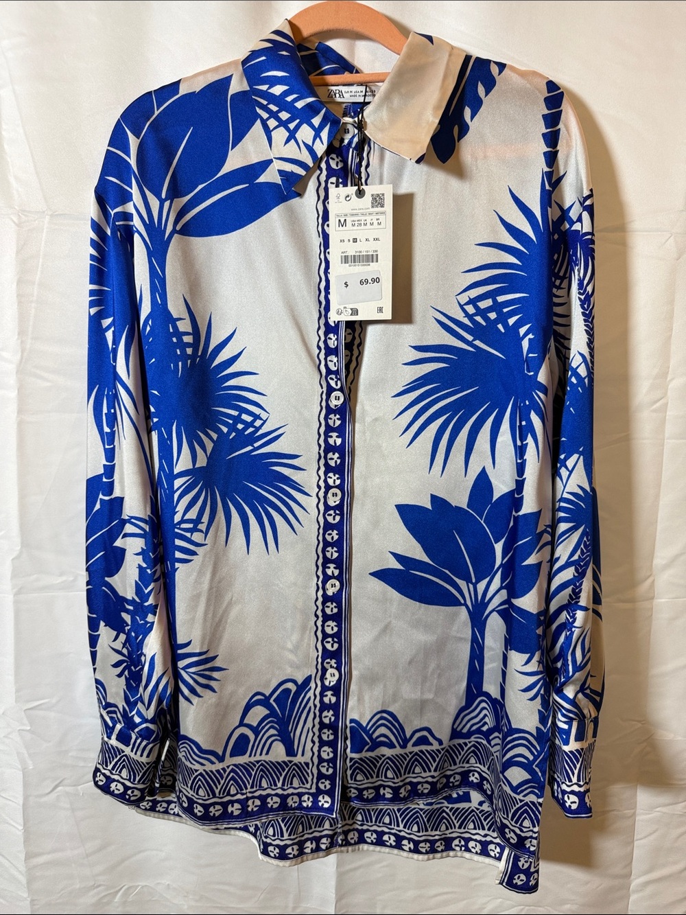 Zara Blue & White Tropical-Print Button-Down Shirt